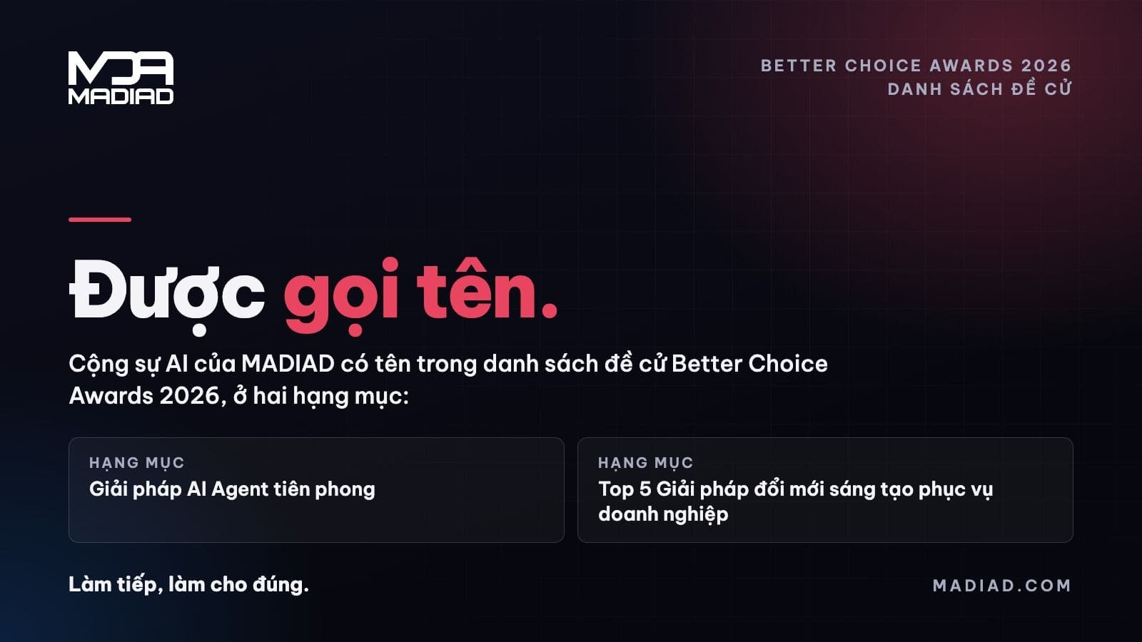 Cộng sự AI của MADIAD trong danh sách đề cử Better Choice Awards 2026