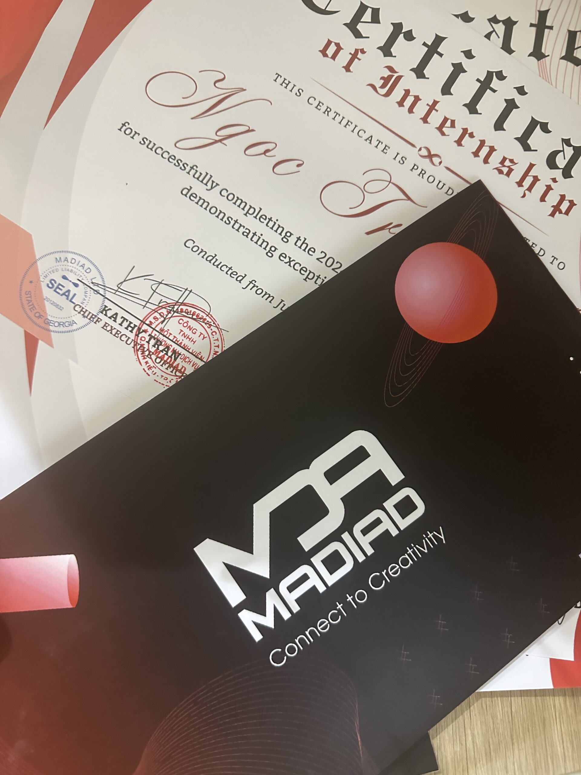 Certificate của chương trình thực tập Madiad